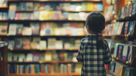 World Book Day Concept. a little kids stand in front of book store. Generative AIの素材