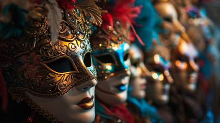 A group of venetian, mardi gras mask or disguise on a dark background. Generative AIの素材