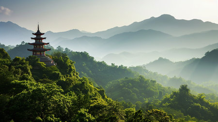 A photograph of a Buddhist temple's pagoda rising up out of the mountain landscape. Generative AIの素材
