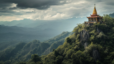 A photograph of a Buddhist temple's pagoda rising up out of the mountain landscape. Generative AIの素材