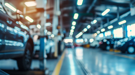 Abstract blur car garage automobile interior building. Blurred mechanic service centre auto repair workshop. Generative AIの素材