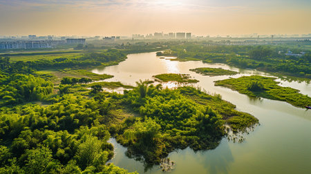 Aerial photo of natural scenery of Huayang Lake Wetland Park, Dongguan, China. Generative AIの素材