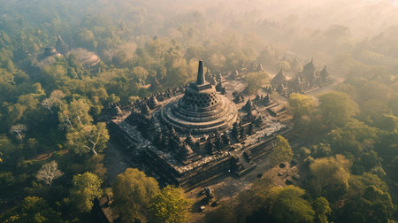 Aerial view of Borobudur Temple, Java, Indonesia. Generative AIの素材