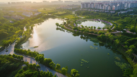 Aerial photo of natural scenery of Huayang Lake Wetland Park, Dongguan, China. Generative AIの素材