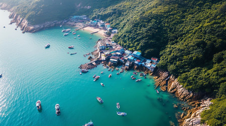 Aerial view of Po Toi O, a fishing village in Hong Kong with floating rafts. Generative AIの素材