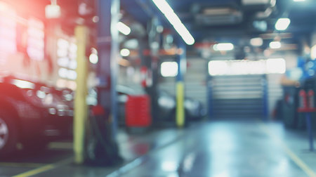 Abstract blur car garage automobile interior building. Blurred mechanic service centre auto repair workshop. Generative AIの素材
