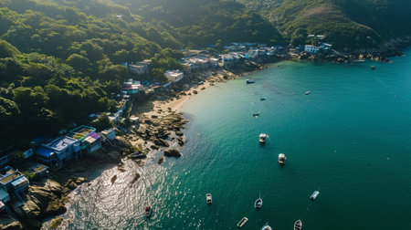Aerial view of Po Toi O, a fishing village in Hong Kong with floating rafts. Generative AIの素材