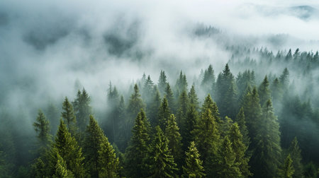 Aerial view of fog over dark pine forest trees. Top down drone view. Generative AIの素材