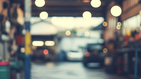 Abstract blur car garage automobile interior building. Blurred mechanic service centre auto repair workshop. Generative AIの素材