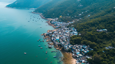 Aerial view of Po Toi O, a fishing village in Hong Kong with floating rafts. Generative AIの素材
