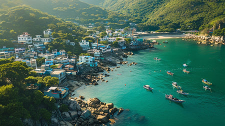 Aerial view of Po Toi O, a fishing village in Hong Kong with floating rafts. Generative AIの素材
