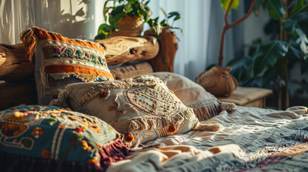 Rustic home design with ethnic decoration and interior. Generative AIの素材