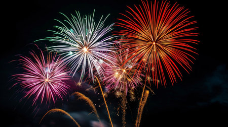 fireworks. colorful celebration fireworks isolated on a black sky background.の素材
