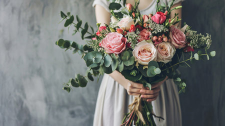 young florist woman holding freshly made blossoming flower bouquet of roses and eucalyptusの素材