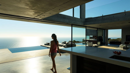 Woman in modern house overlooking oceanの素材