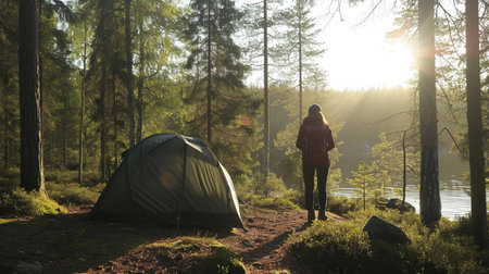 Woman and tent inside forest by lake. Local travel on nature, trekking, camp lifestyle, outdoor gearの素材