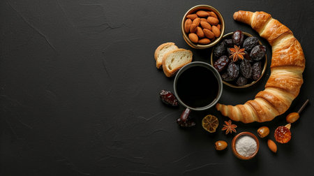 Muslim Ramadan Kareem with dates fruits arranged in shape of crescent moon, water and breadの素材