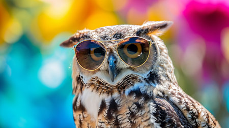 animal Owl portrait wearing sunglasses in studio with a colorful and bright backgroundの素材