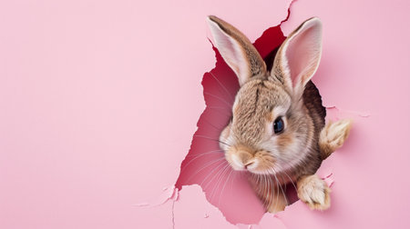 Bunny peeking out of a hole in pink wall, fluffy eared bunny easter bunny banner, rabbit jump outの素材