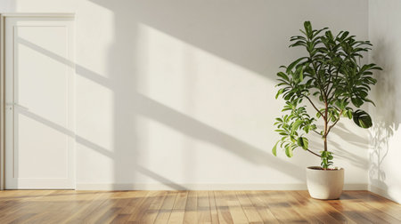 indoor plant on wooden floor with empty white concrete wall backgroundの素材