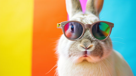 Cool bunny with sunglasses in studio with a colorful and bright backgroundの素材