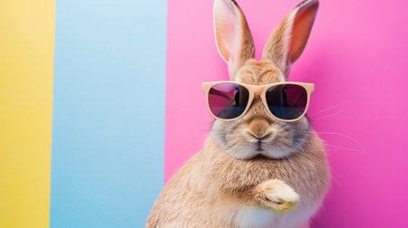 Cool bunny with sunglasses on colorful backgroundの素材