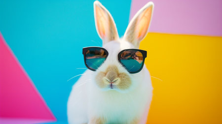 Cool bunny with sunglasses on colorful backgroundの素材