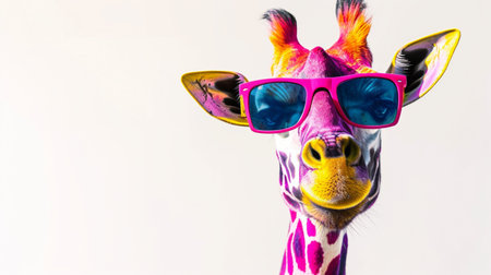 colorful giraffe with sunglasses on white background. with a futuristic color summer animalの素材