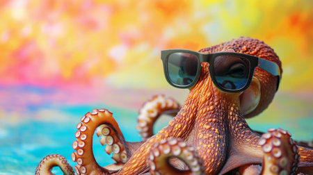 cool octopus wearing sunglasses in studio with a colorful and bright backgroundの素材