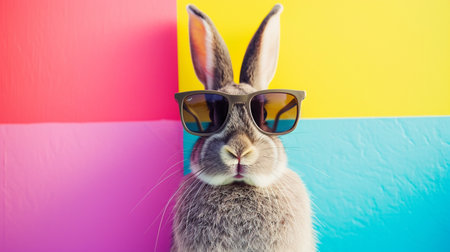 Vintage Cool bunny with sunglasses on colorful backgroundの素材