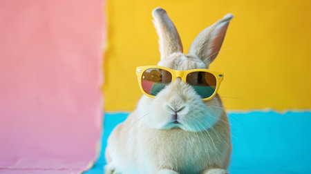 cute bunny with sunglasses on colorful backgroundの素材