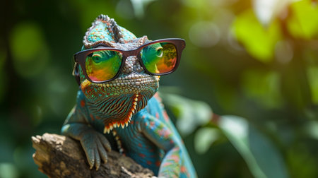 cool chameleon wearing sunglasses. veiled chameleon, Chamaeleo calyptratusの素材