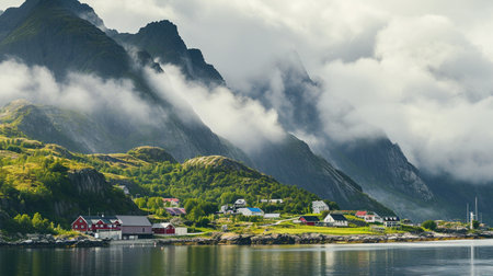 Summer cloudy Lofoten islands. Norway misty sea and fjordsの素材