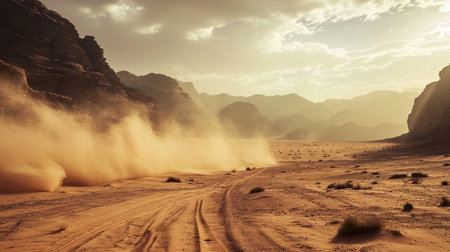 The wind raises the dust in Wadi Rum, Sahara or Arabian desertの素材