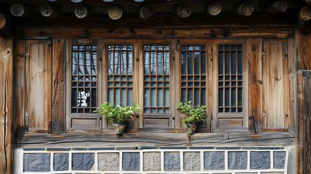 Traditional Korean window frame old background woodの素材