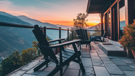 Black wooden chairs on cabin terrace with mountain view at sunsetの素材