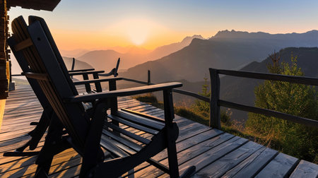 Black wooden chairs on cabin terrace with mountain view at sunsetの素材
