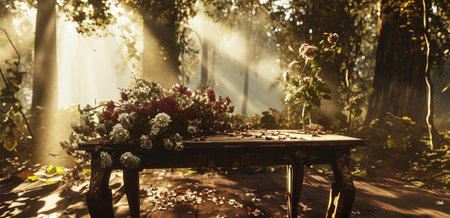 a server table with flowers in a sun drenched forestの素材