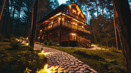 Large wooden house. A stone path in the cottage. A path leads to a wooden house.の素材