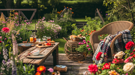 Stylish composition of countryside garden with design rattan armchairの素材
