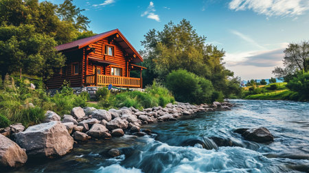 Wooden house and river. Ai Generativeの素材