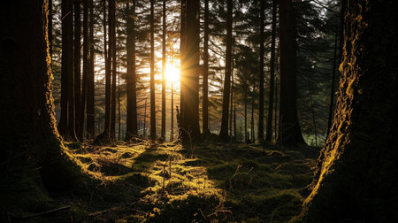 the sun seen among the trees in the forestの素材