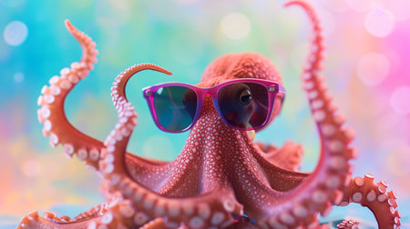 cute octopus wearing sunglasses in studio with a colorful and bright backgroundの素材