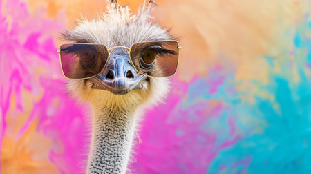 cute ostrich wearing sunglasses in studio with a colorful and bright backgroundの素材