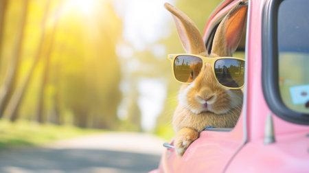 Cute Easter Bunny with sunglasses looking out of a cute car. Easter bunny rides to give giftsの素材