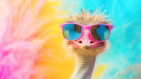 cute ostrich wearing sunglasses in studio with a colorful and bright backgroundの素材