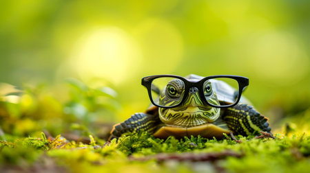 Cute little green turtle with glassesの素材