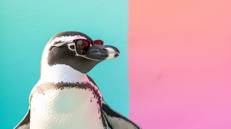 Cool Penguin Vibes with sunglasses in studio with a colorful and bright backgroundの素材