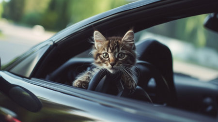 Portrait of a cat driving a carの素材