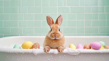 Easter bunny with easter eggs on bathtubの素材